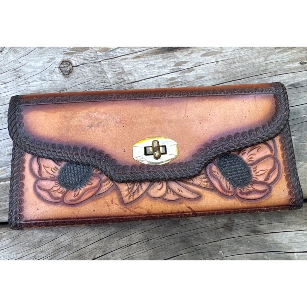 Vtg Handcrafted Tooled Leather Clutch Purse Turn Lock Stitched Edges Western